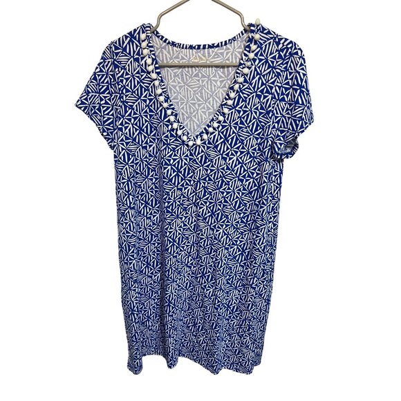 Lilly Pulitzer Blue & White Geometric Print Pom-Pom Trim V-Neck Dress - Picture 1 of 8
